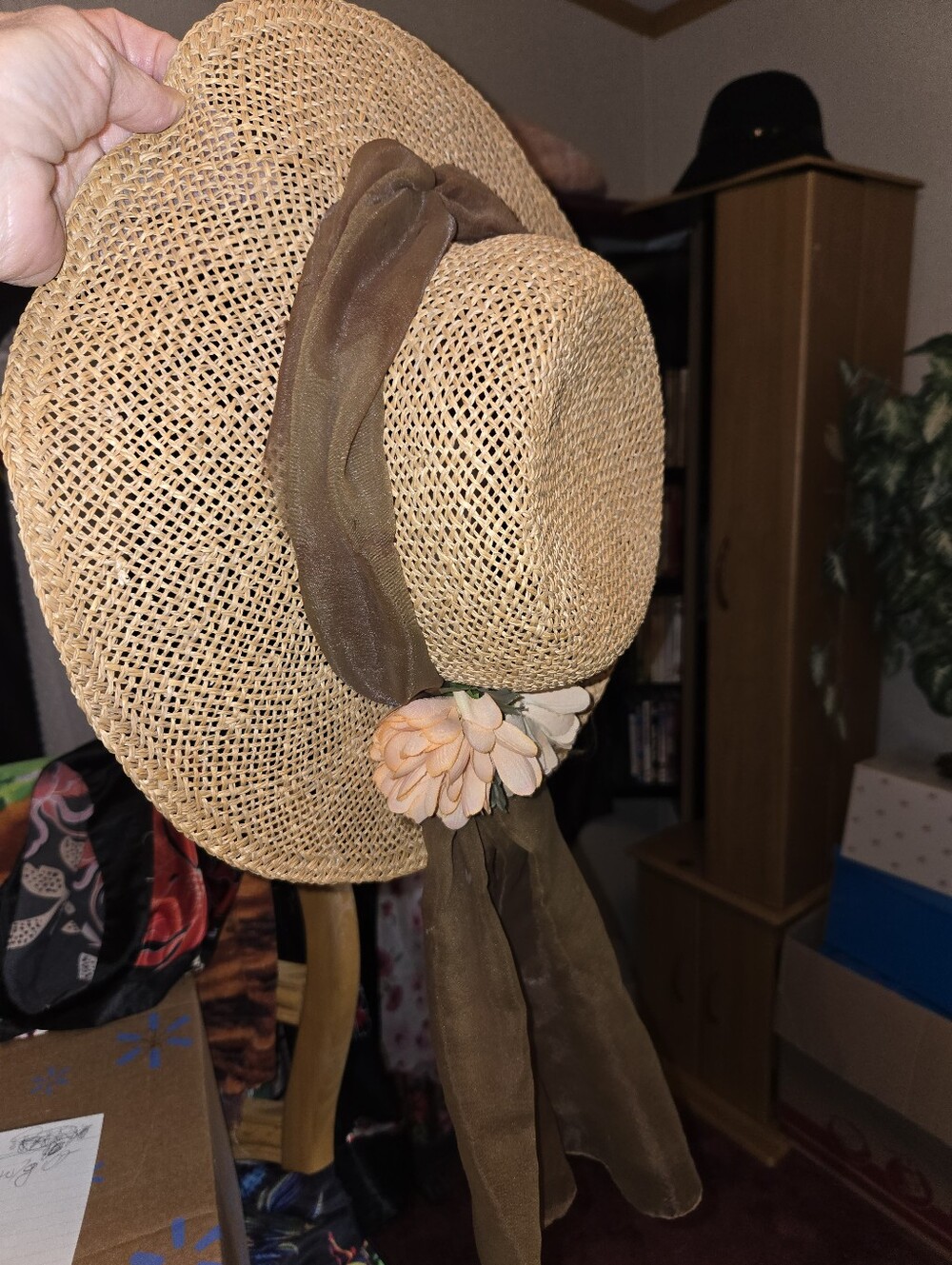 Straw Sun Hat with Brown Ribbon and Peach Flower
